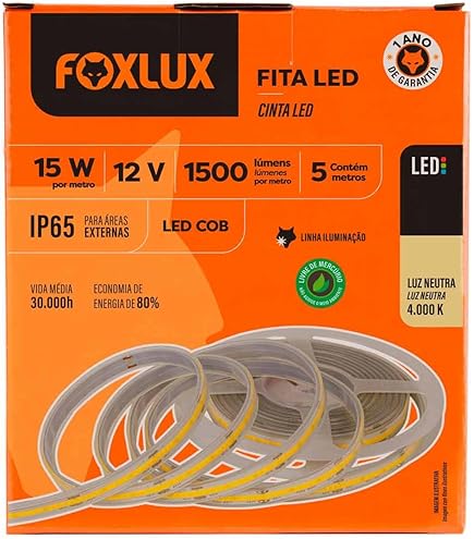 Fita LED COB 15W 12V 3000k 5M Ip65
